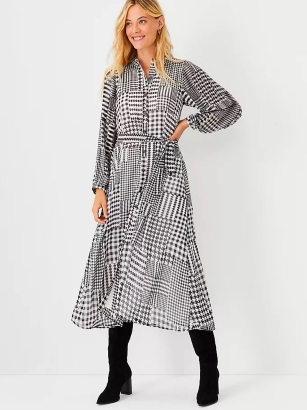 Ann Taylor Black and White Plaid Tie-Waist Midi Dress